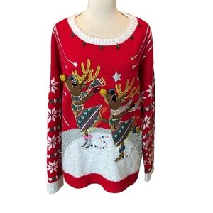 Holiday Time Red Holiday Christmas Ice Skating Reindeers Sweater